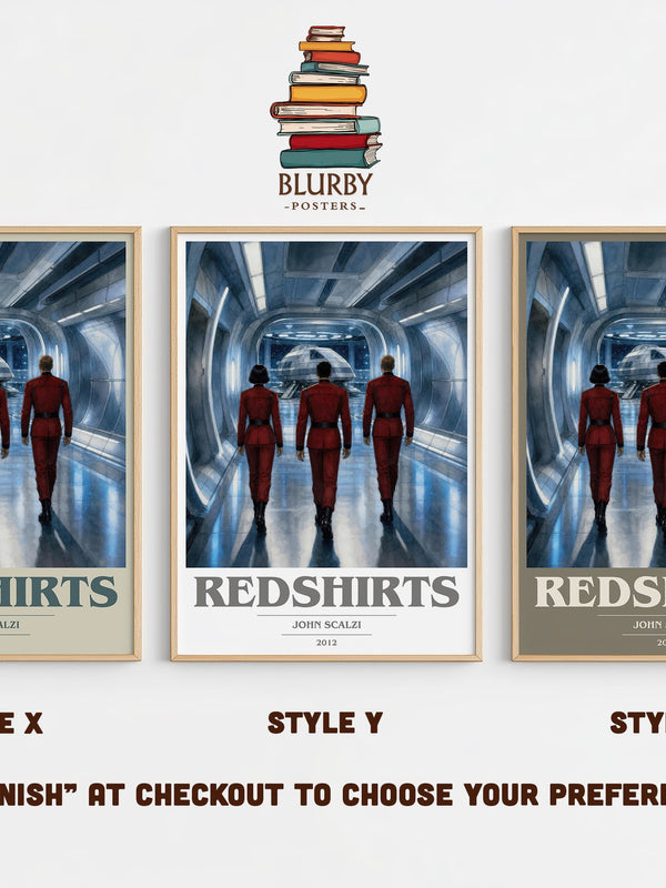 Redshirts book cover print in frame leaning in hallway – sci fi wall art