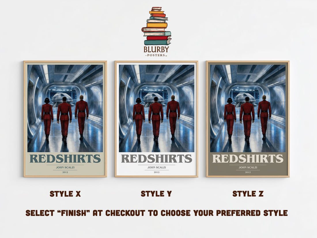 Redshirts book cover print in frame leaning in hallway – sci fi wall art (mockup)