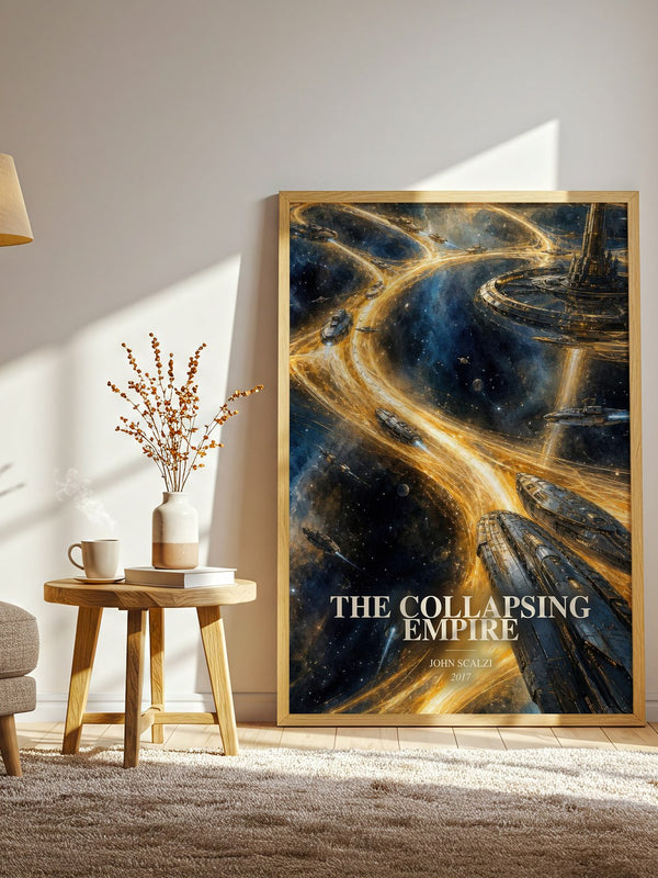 The Collapsing Empire watercolour print in frame leaning in hallway – sci fi wall art
