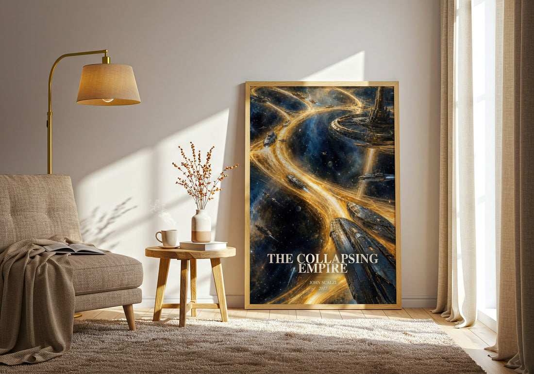 The Collapsing Empire watercolour print in frame leaning in hallway – sci fi wall art (mockup)