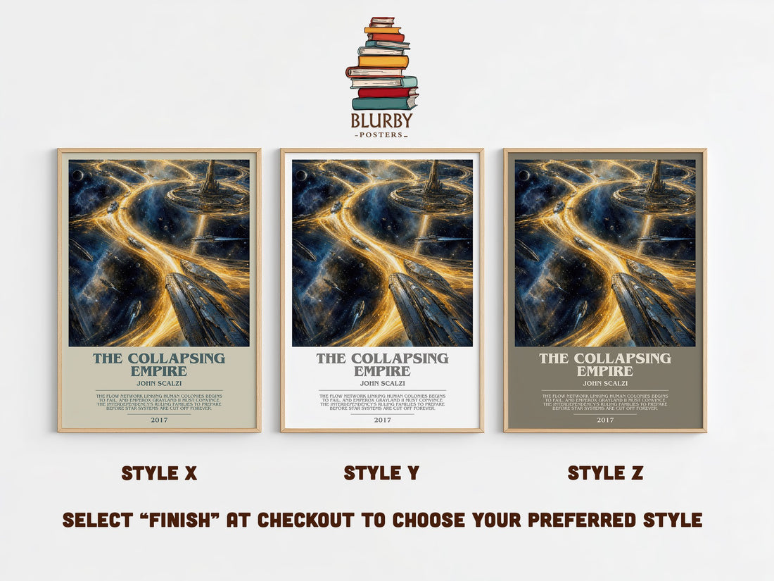 The Collapsing Empire bookish print in frame leaning in hallway – sci fi wall art (mockup)
