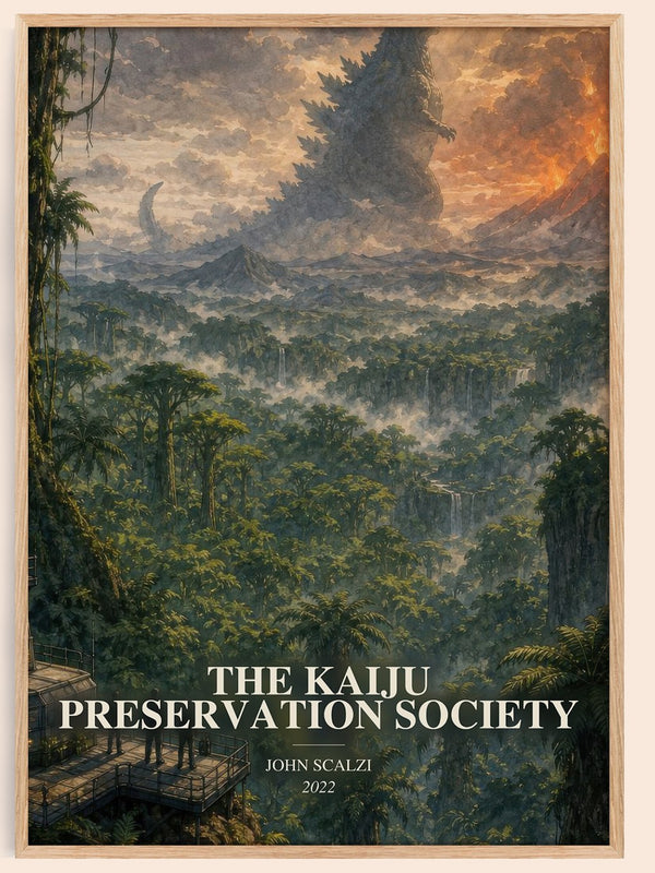 The Kaiju Preservation Society watercolour book poster by John Scalzi – framed literary art print