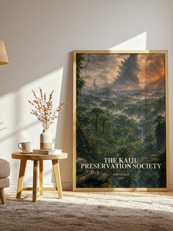 The Kaiju Preservation Society watercolour print in frame leaning in hallway – sci fi wall art
