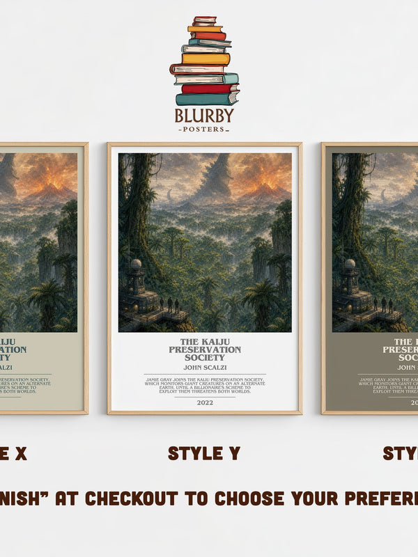 The Kaiju Preservation Society bookish print in frame leaning in hallway – sci fi wall art