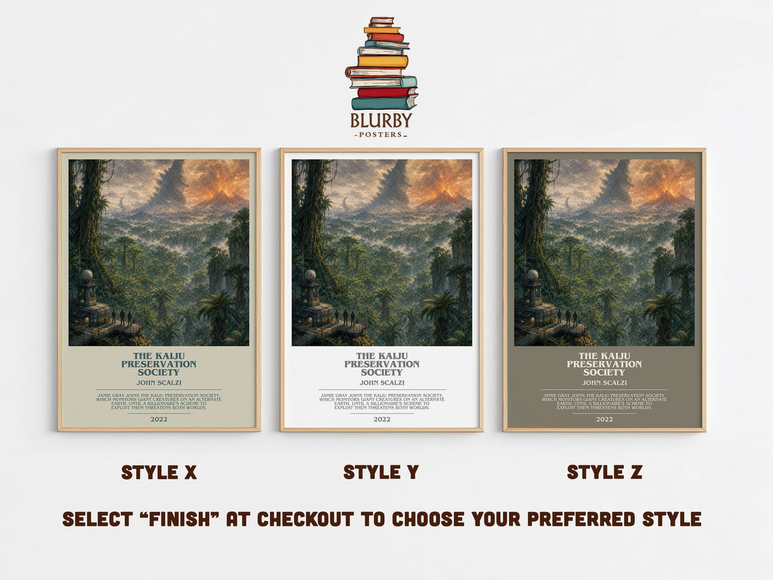 The Kaiju Preservation Society bookish print in frame leaning in hallway – sci fi wall art (mockup)