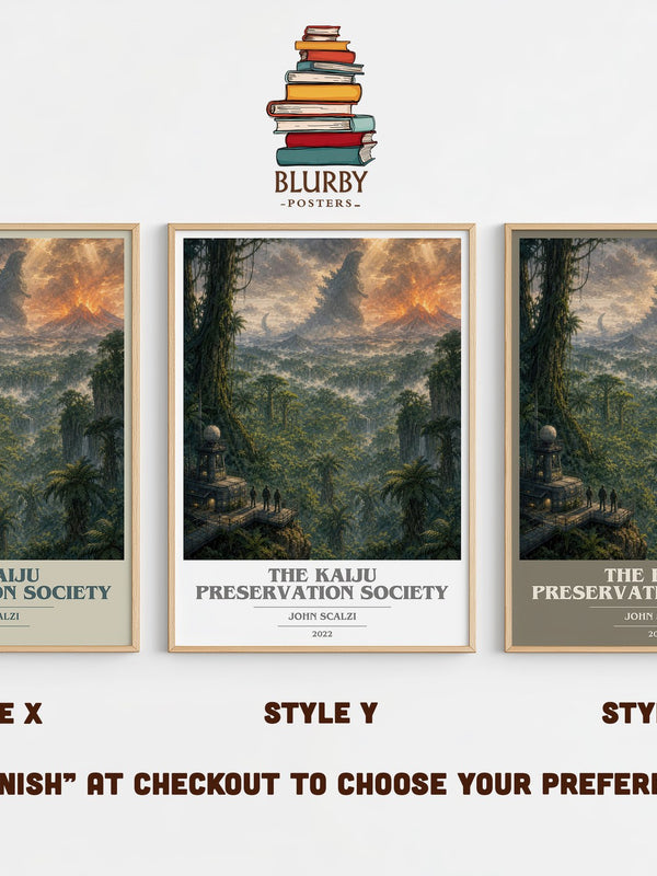 The Kaiju Preservation Society book cover print in frame leaning in hallway – sci fi wall art