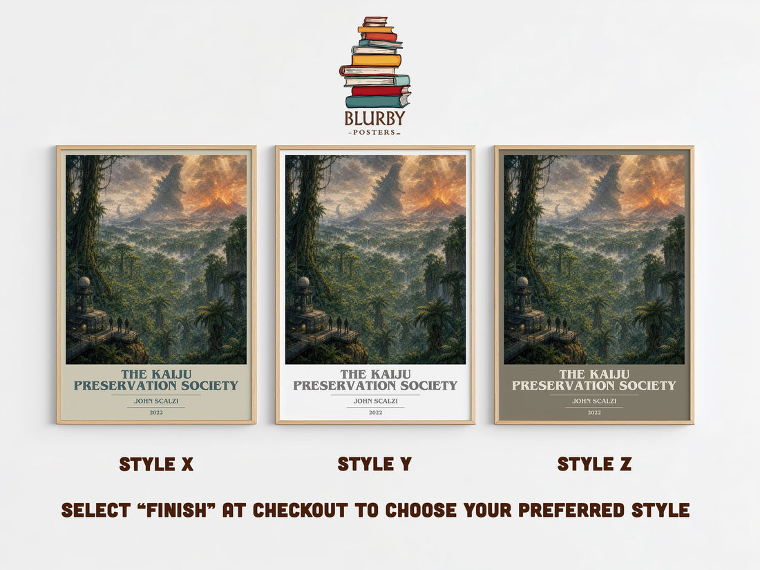 The Kaiju Preservation Society book cover print in frame leaning in hallway – sci fi wall art (mockup)