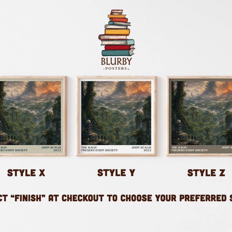 The Kaiju Preservation Society literary print in frame leaning in hallway – sci fi wall art