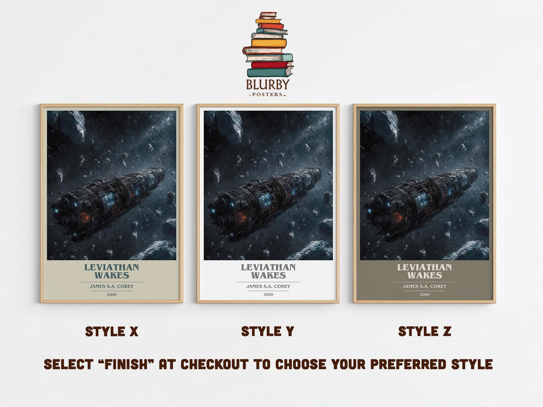 Leviathan Wakes book cover print in frame leaning in hallway – sci fi wall art (mockup)