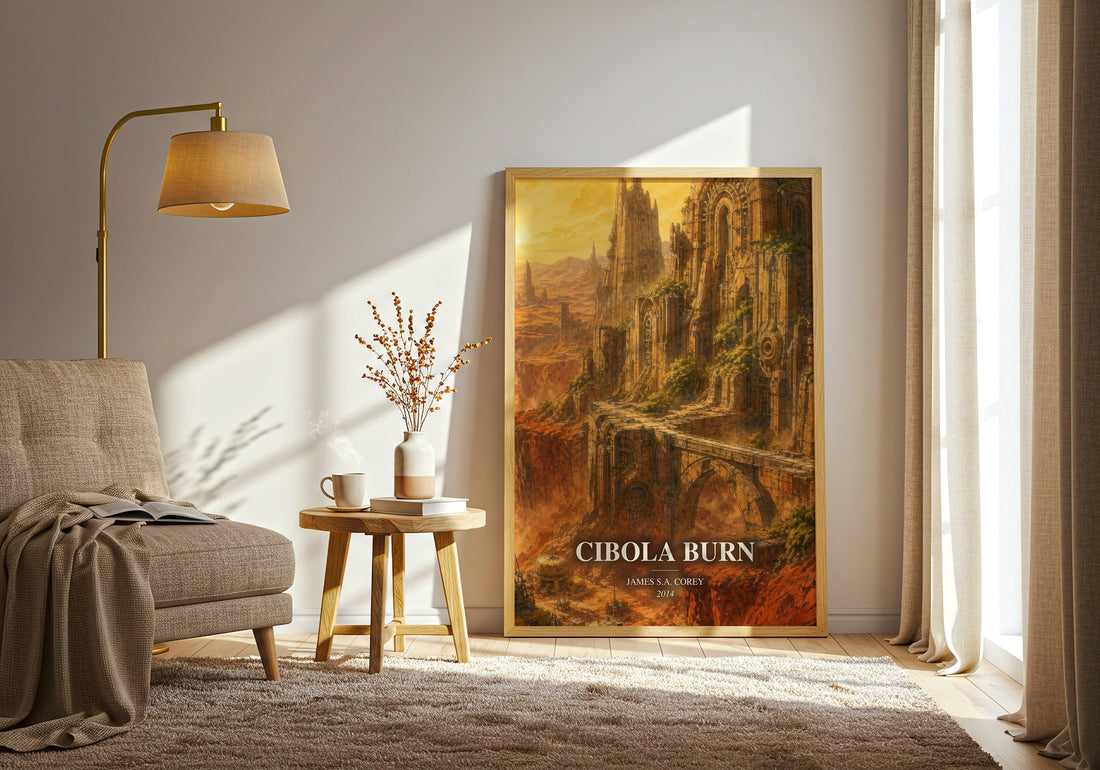 Cibola Burn watercolour print in frame leaning in hallway – sci fi wall art (mockup)