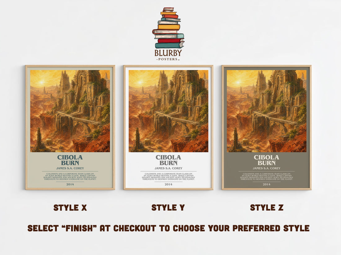 Cibola Burn bookish print in frame leaning in hallway – sci fi wall art (mockup)