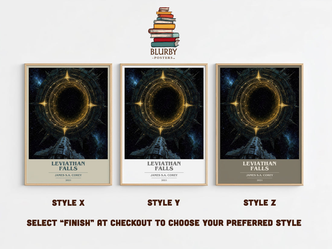 Leviathan Falls book cover print in frame leaning in hallway – sci fi wall art (mockup)