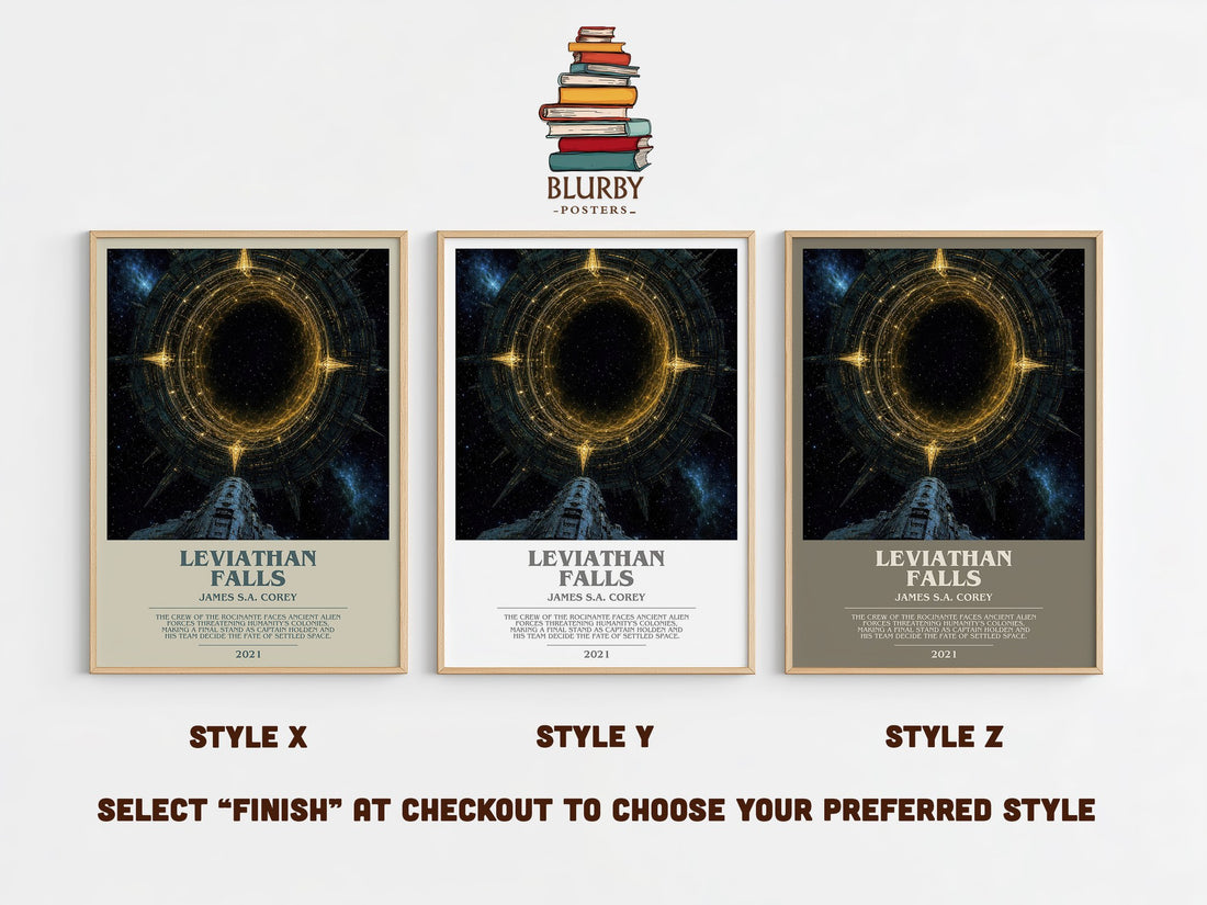 Leviathan Falls bookish print in frame leaning in hallway – sci fi wall art (mockup)
