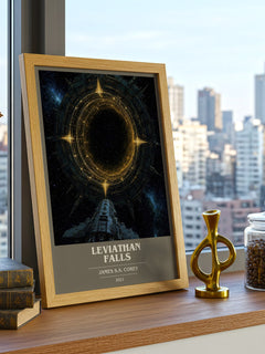 Leviathan Falls book cover print framed by window – literary home decor