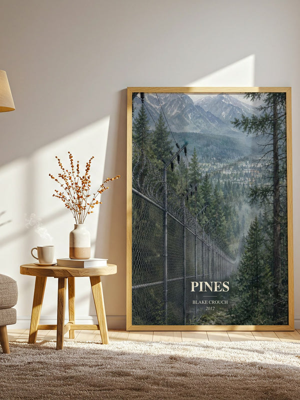 Pines watercolour print in frame leaning in hallway – thriller wall art