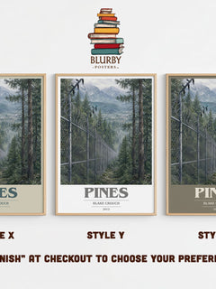 Pines book cover print in frame leaning in hallway – thriller wall art