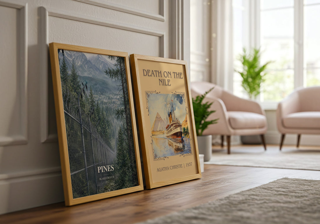 Pines watercolour print framed by window – literary home decor