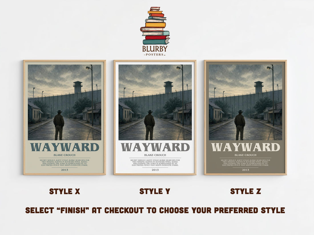 Wayward bookish print in frame leaning in hallway – thriller wall art (mockup)
