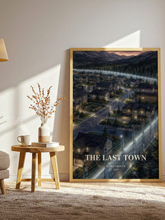 The Last Town watercolour print in frame leaning in hallway – thriller wall art
