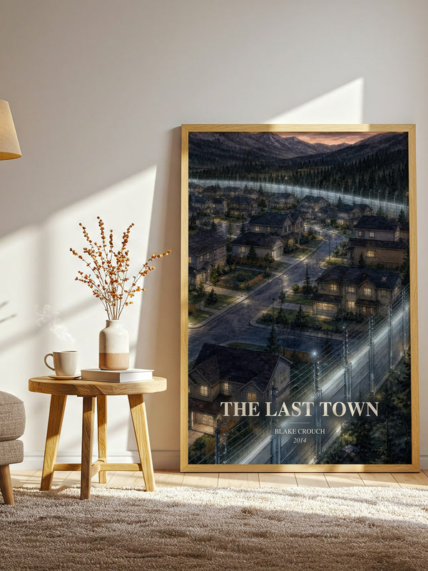 The Last Town watercolour print in frame leaning in hallway – thriller wall art