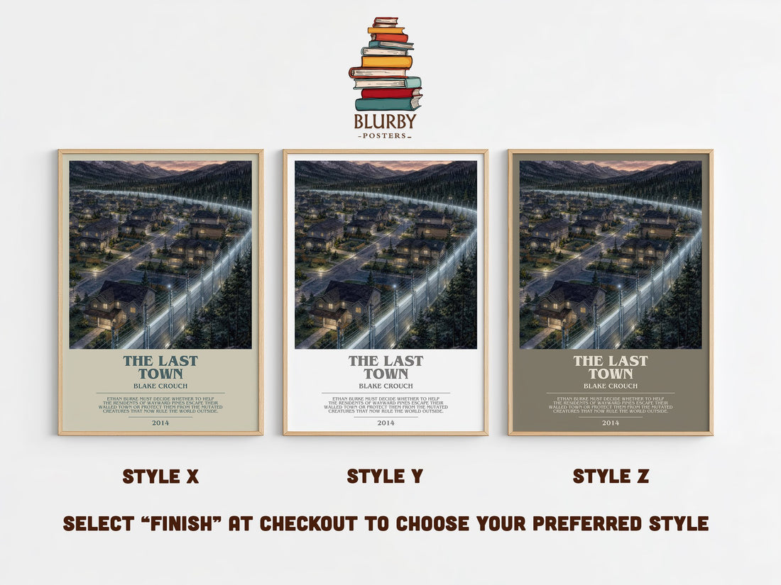 The Last Town bookish print in frame leaning in hallway – thriller wall art (mockup)