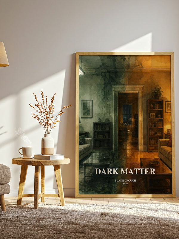 Dark Matter watercolour print in frame leaning in hallway – sci fi wall art