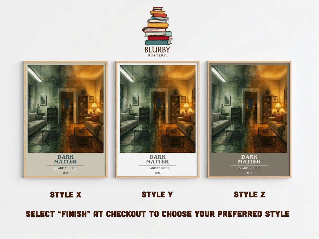 Dark Matter book cover print in frame leaning in hallway – sci fi wall art (mockup)