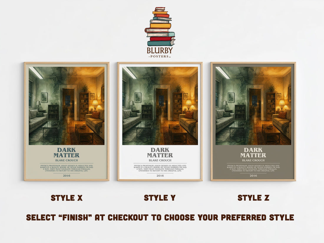 Dark Matter bookish print in frame leaning in hallway – sci fi wall art (mockup)