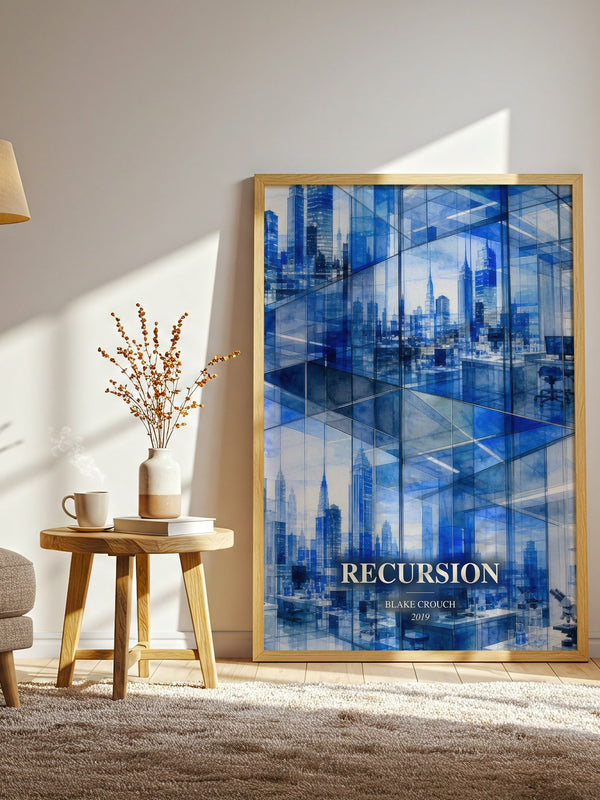 Recursion watercolour print in frame leaning in hallway – sci fi wall art