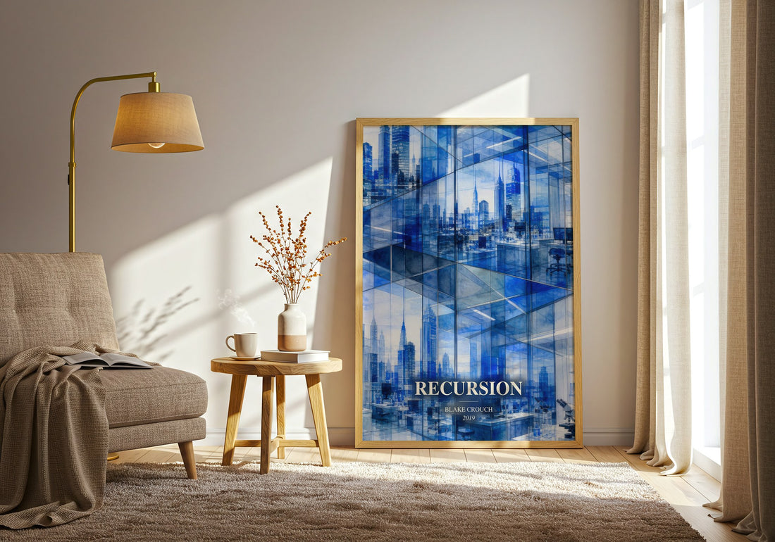 Recursion watercolour print in frame leaning in hallway – sci fi wall art (mockup)