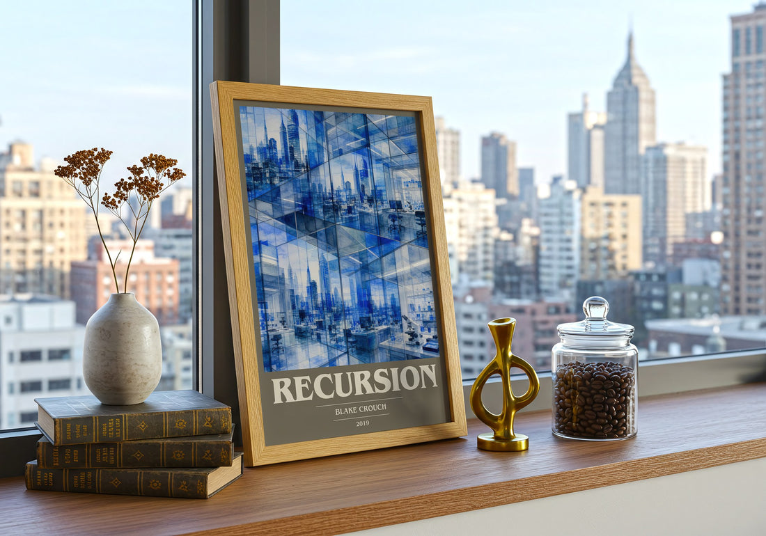 Recursion book cover print framed by window – literary home decor