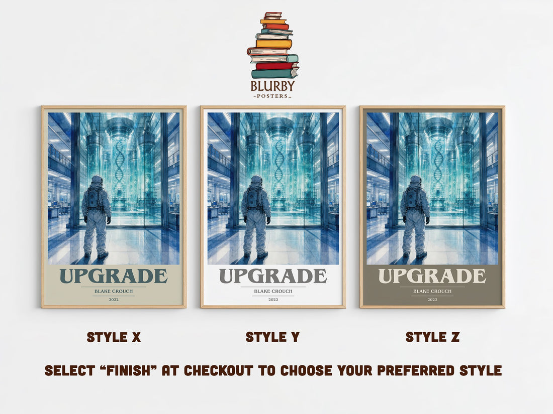 Upgrade book cover print in frame leaning in hallway – sci fi wall art (mockup)