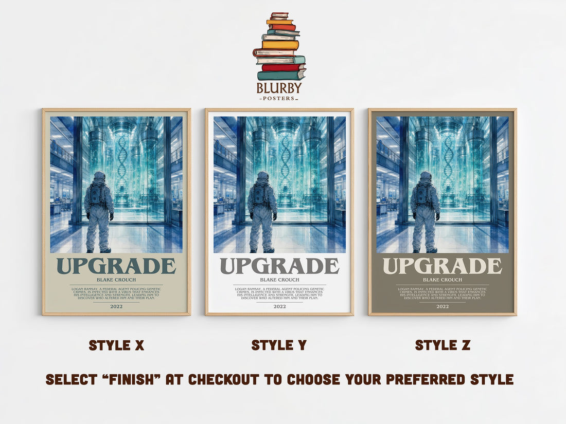 Upgrade bookish print in frame leaning in hallway – sci fi wall art (mockup)