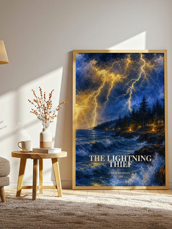 The Lightning Thief watercolour print in frame leaning in hallway – fantasy wall art