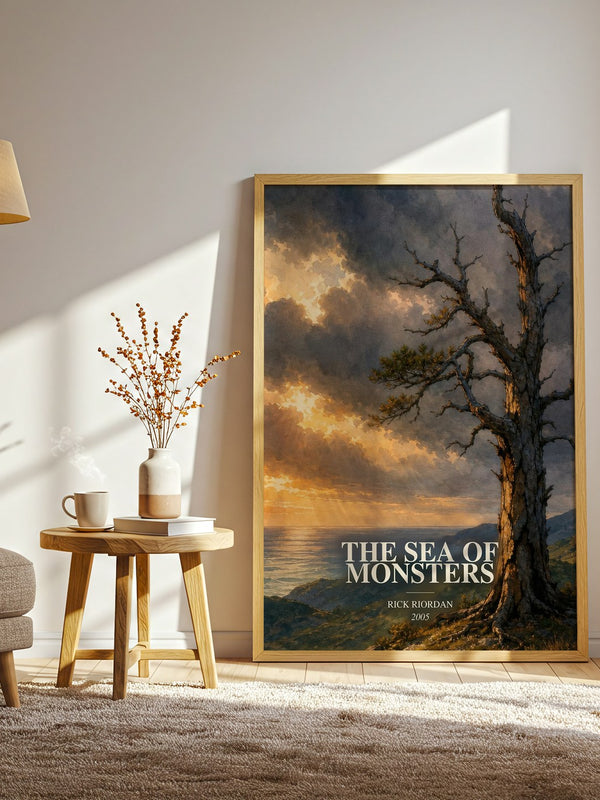 The Sea of Monsters watercolour print in frame leaning in hallway – young adult wall art