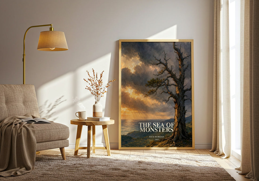 The Sea of Monsters watercolour print in frame leaning in hallway – young adult wall art (mockup)