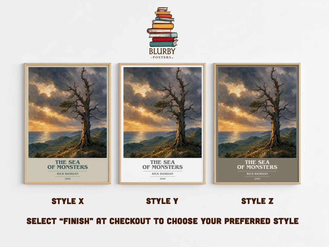 The Sea of Monsters book cover print in frame leaning in hallway – young adult wall art (mockup)