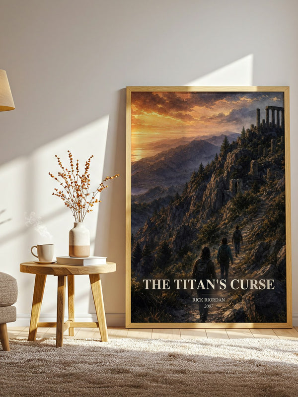 The Titan's Curse watercolour print in frame leaning in hallway – fantasy wall art