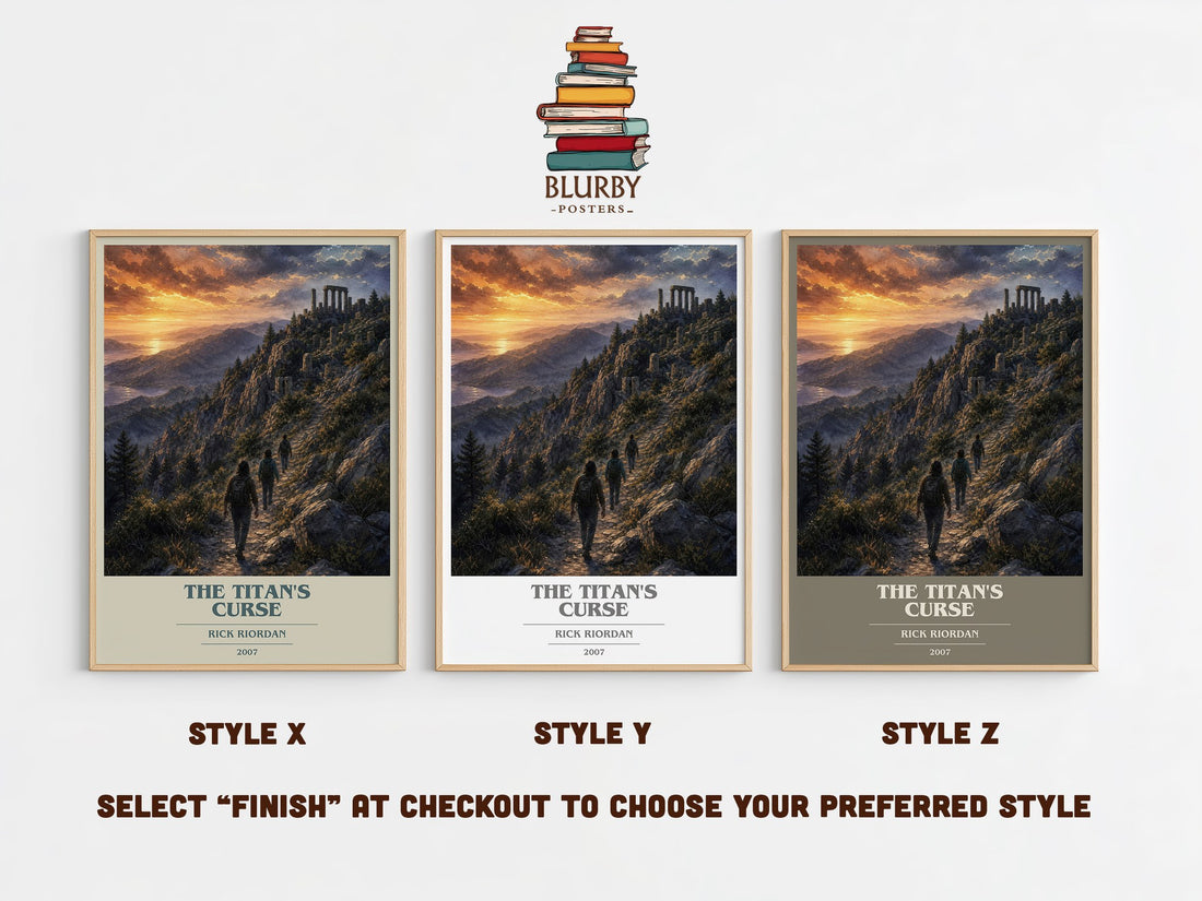 The Titan's Curse book cover print in frame leaning in hallway – fantasy wall art (mockup)