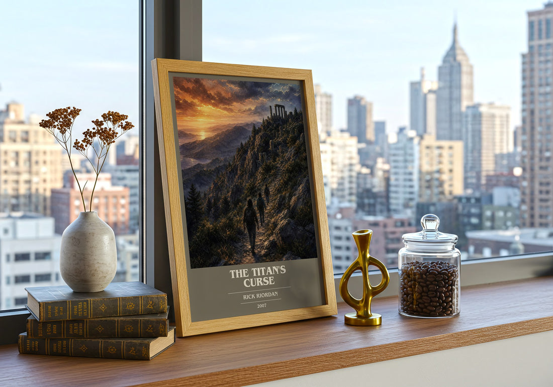The Titan's Curse book cover print framed by window – literary home decor