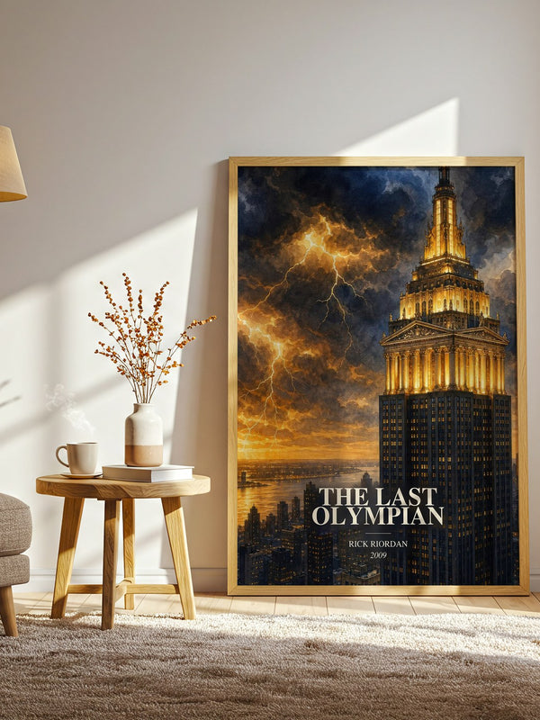 The Last Olympian watercolour print in frame leaning in hallway – young adult wall art