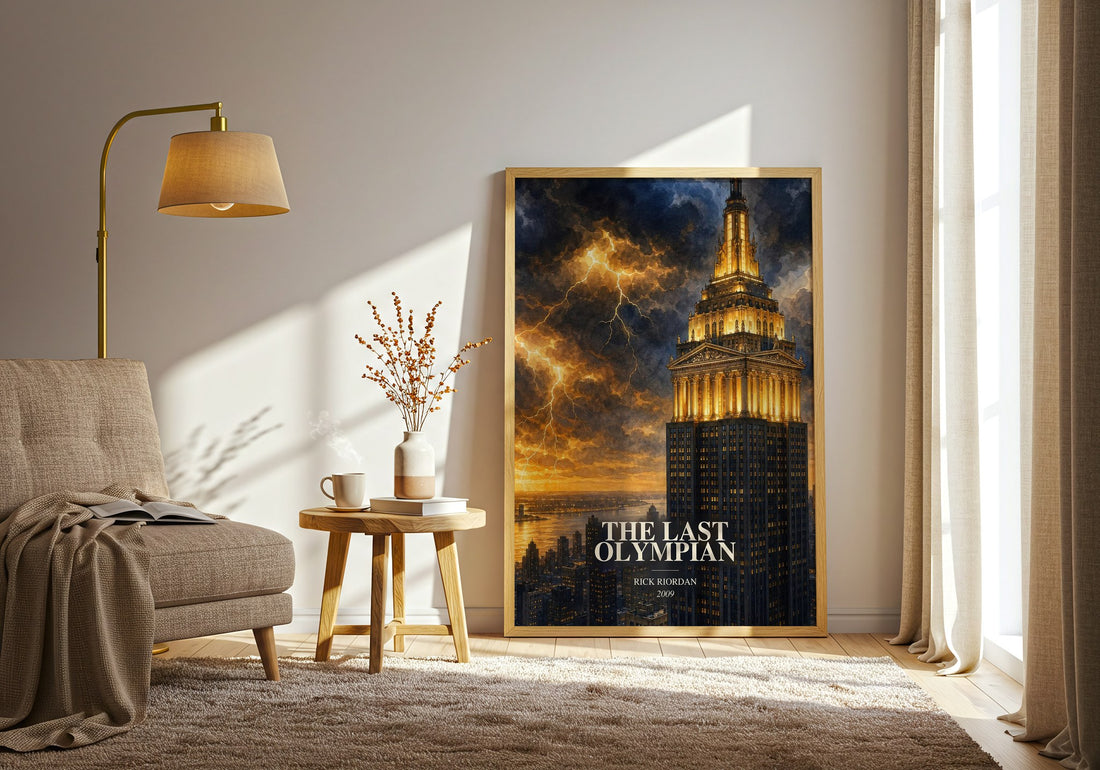The Last Olympian watercolour print in frame leaning in hallway – young adult wall art (mockup)