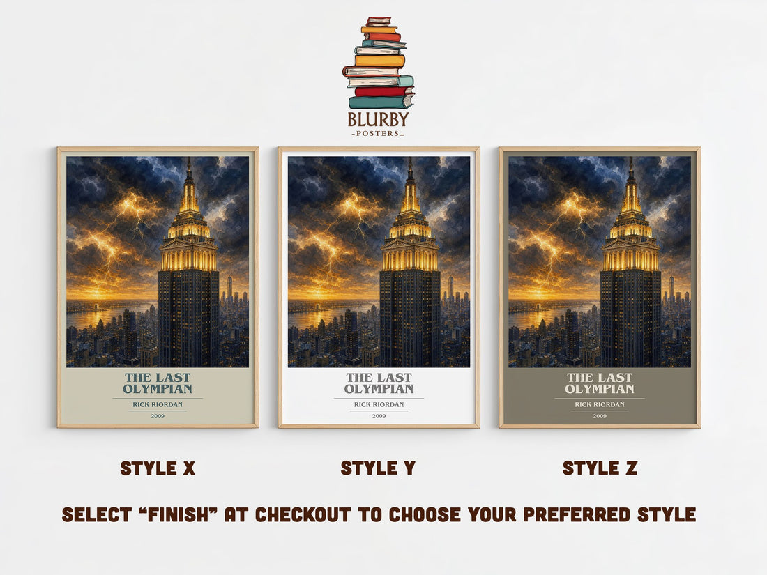 The Last Olympian book cover print in frame leaning in hallway – young adult wall art (mockup)