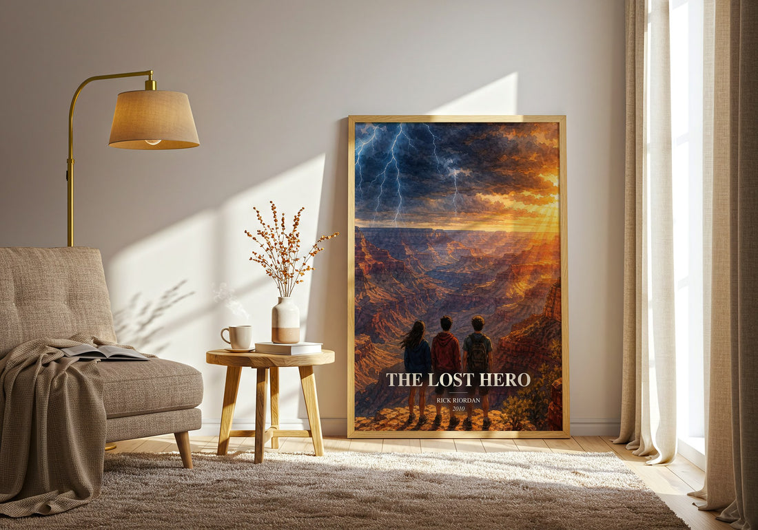 The Lost Hero watercolour print in frame leaning in hallway – young adult wall art (mockup)