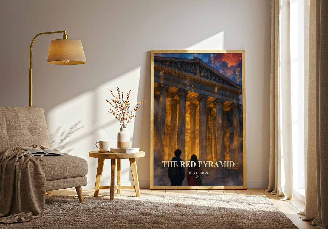 The Red Pyramid watercolour print in frame leaning in hallway – fantasy wall art (mockup)