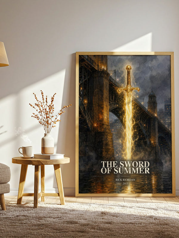 The Sword of Summer watercolour print in frame leaning in hallway – fantasy wall art