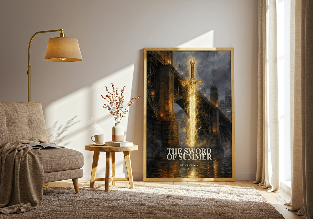 The Sword of Summer watercolour print in frame leaning in hallway – fantasy wall art (mockup)