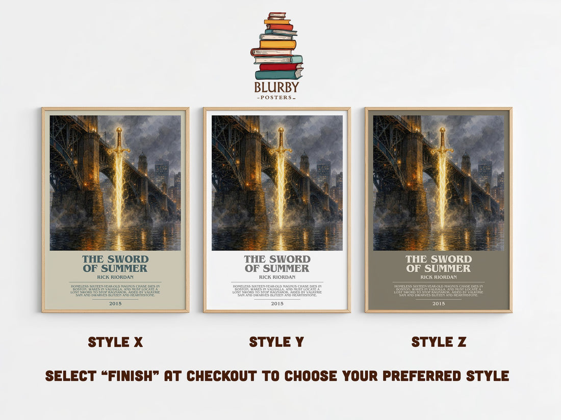 The Sword of Summer bookish print in frame leaning in hallway – fantasy wall art (mockup)