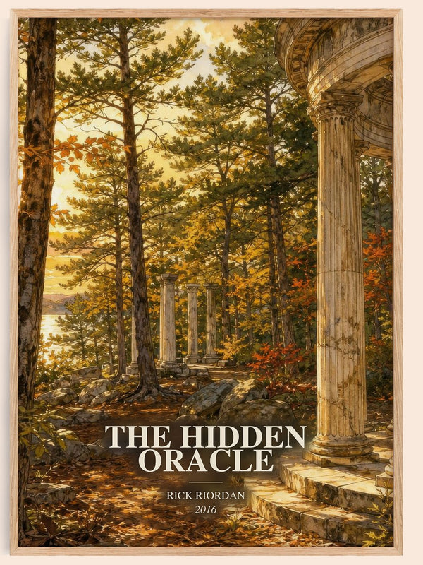 The Hidden Oracle watercolour book poster by Rick Riordan – framed literary art print