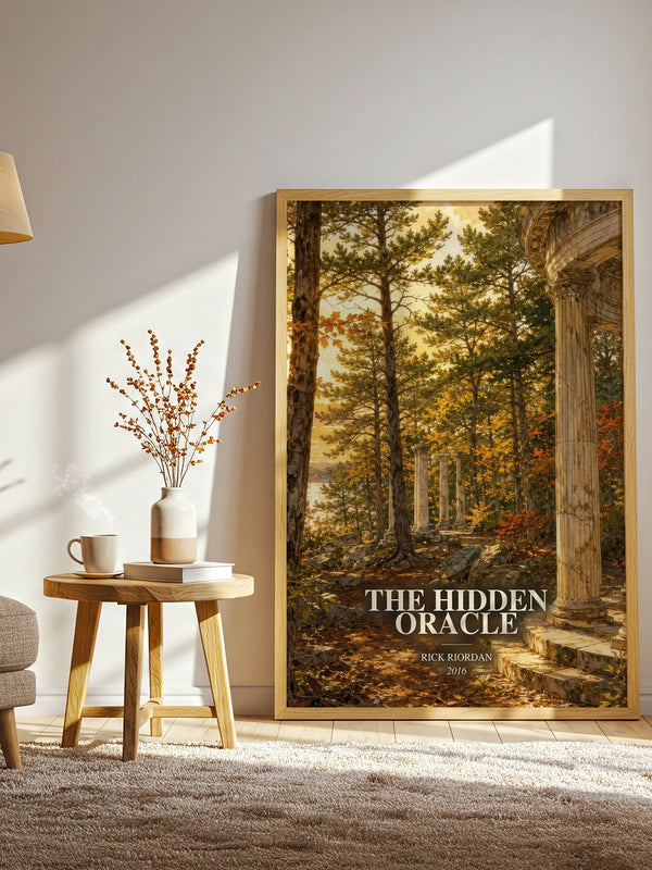 The Hidden Oracle watercolour print in frame leaning in hallway – young adult wall art